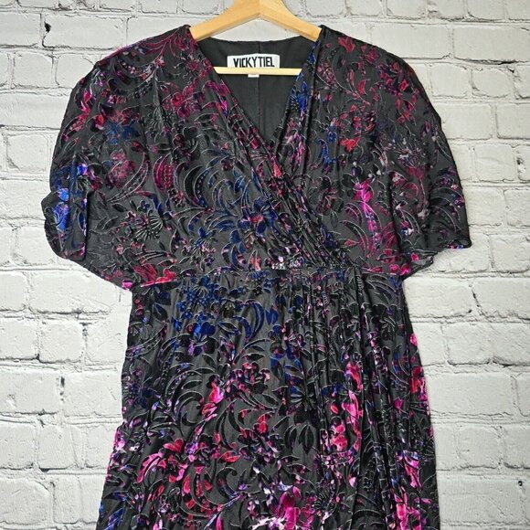 Vicky Tiel Velvet Black Blue Pink Short Sleeve Wrap Effect Dress Size L - Picture 2 of 11